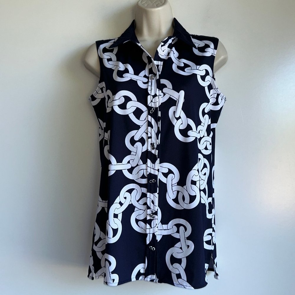 SUSAN GRAVER Navy & White Nautical Chain Print Sleeveless Shirt Size XXS